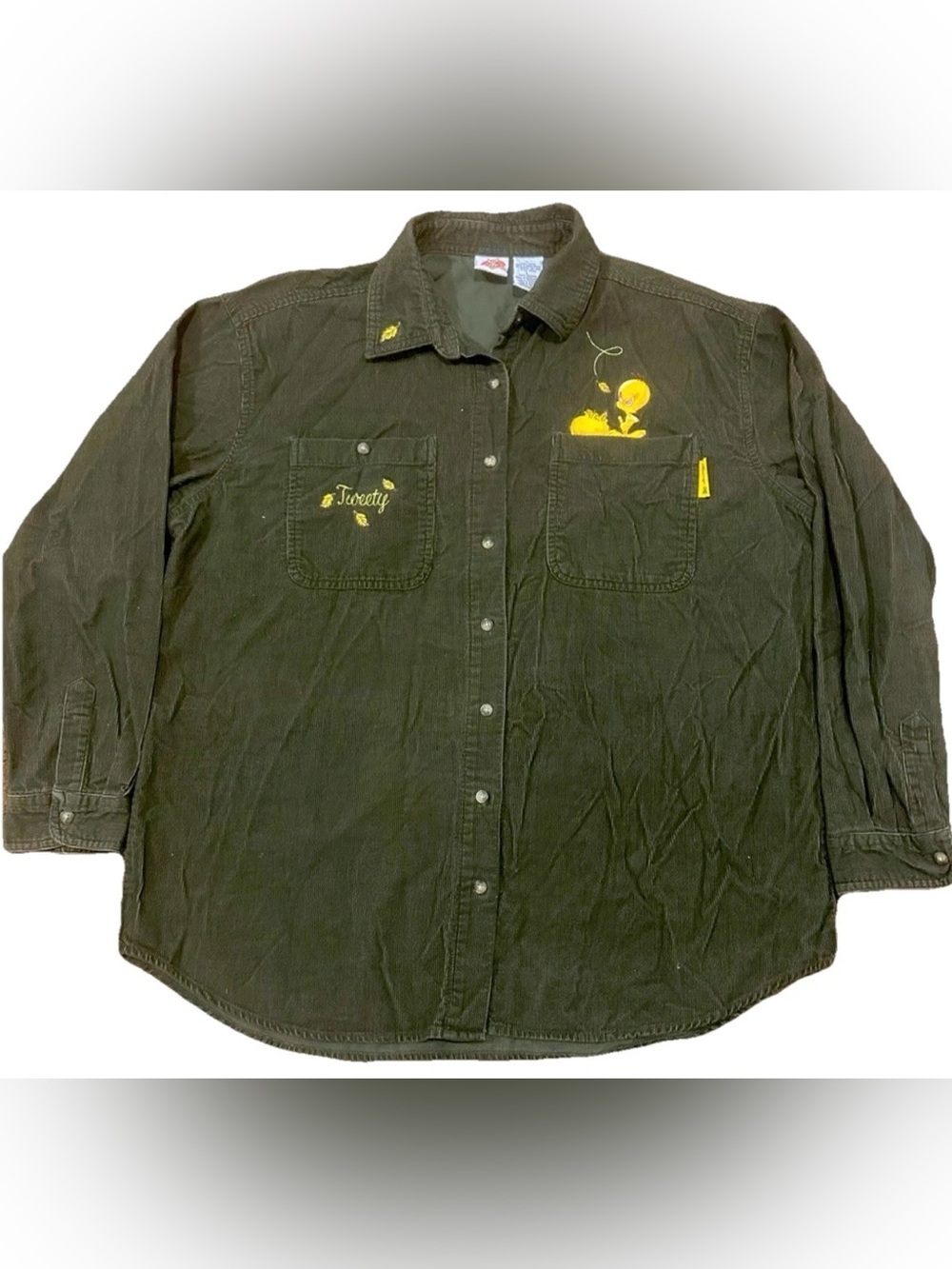 Vintage 2001 Looney Tunes Tweety Bird Corduroy Shirt L Olive Green Embroidered